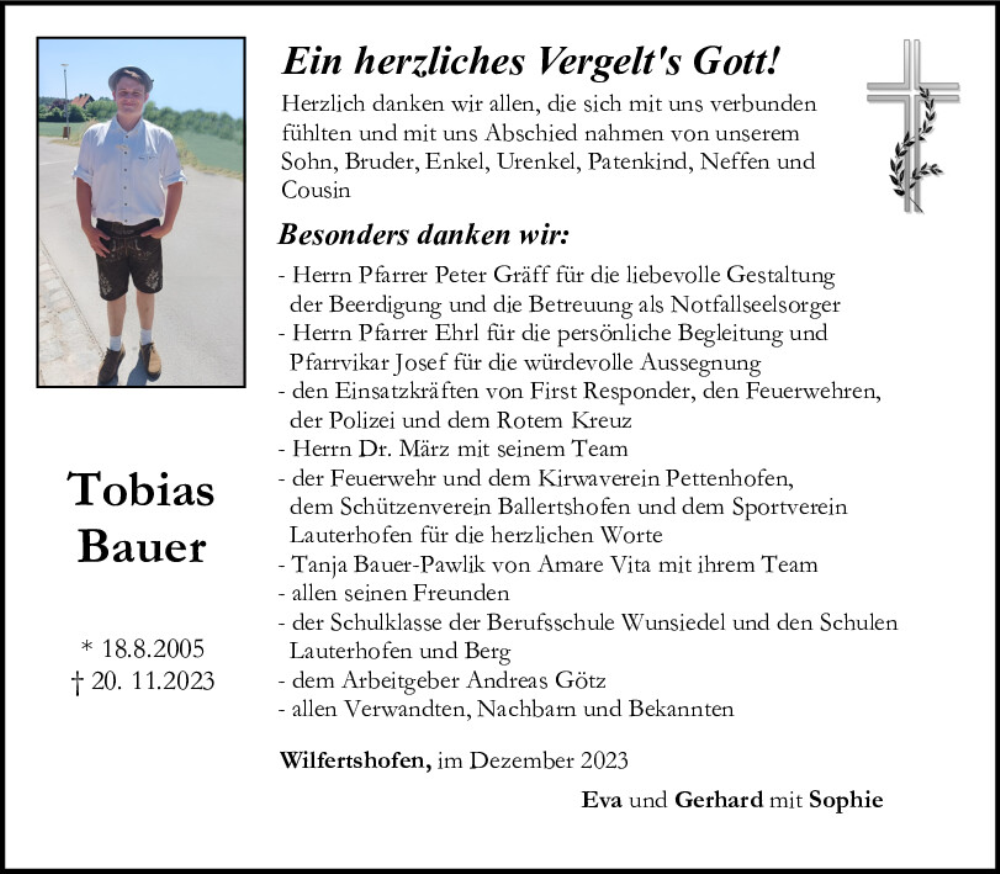 Traueranzeige für Tobias Bauer vom 09.12.2023 aus Neumarkter Tagblatt