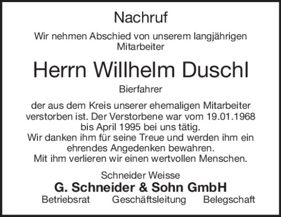 Traueranzeige von Willhelm Duschl von Mittelbayerische Zeitung Kelheim