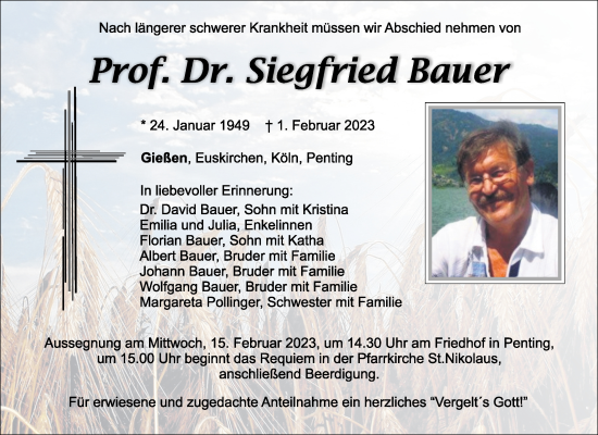 Traueranzeige von Siegfried Bauer von Mittelbayerische Zeitung Schwandorf