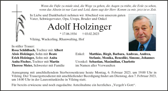 Traueranzeige von Adolf Holzinger von Bayerwald Echo