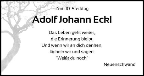 Traueranzeige von Adolf Johann Eckl von Mittelbayerische Zeitung Schwandorf