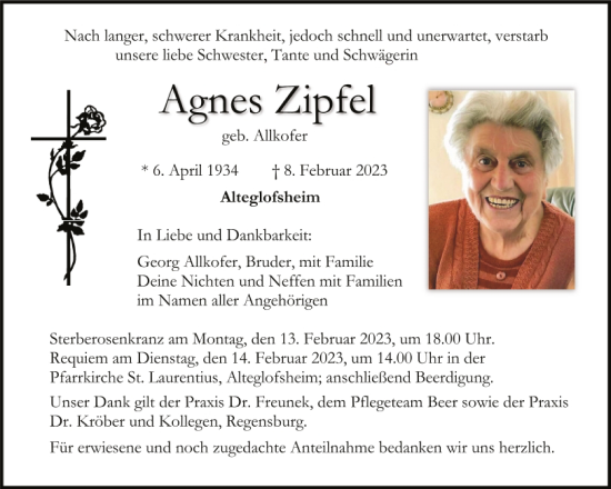 Traueranzeige von Agnes Zipfel von Mittelbayerische Zeitung Regensburg