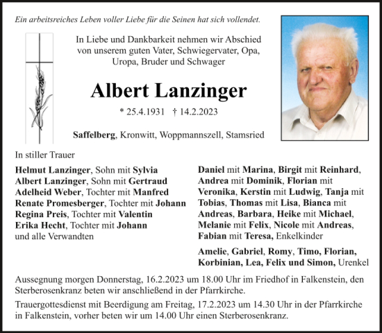 Traueranzeige von Albert Lanzinger von Bayerwald Echo