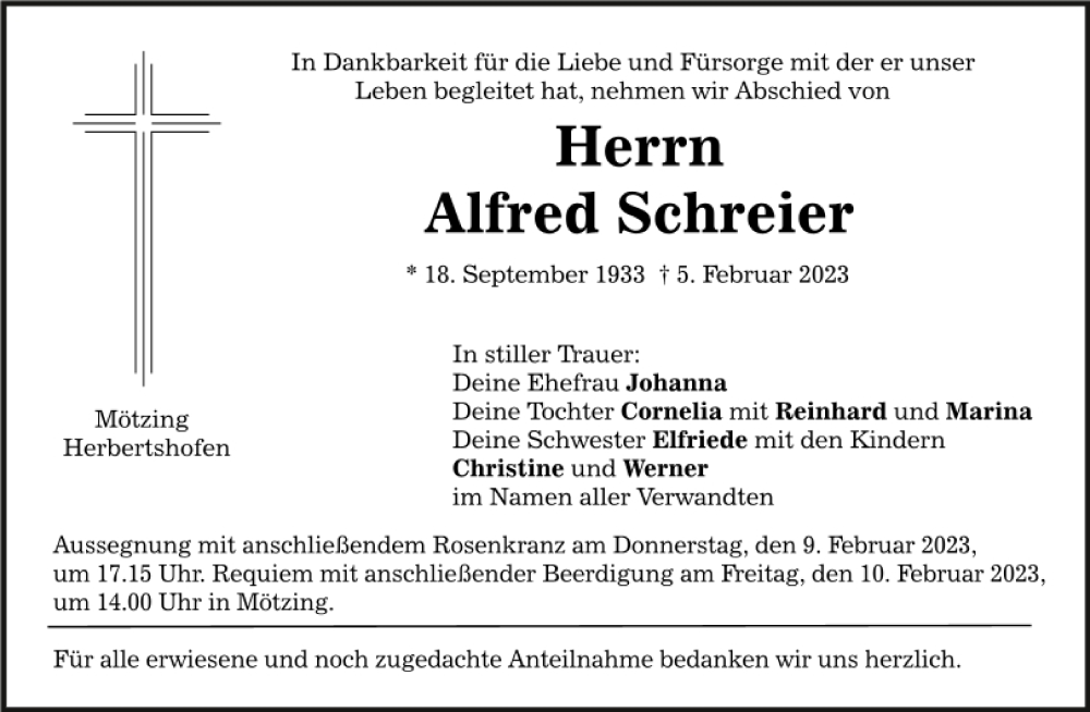  Traueranzeige für Alfred Schreier vom 07.02.2023 aus Mittelbayerische Zeitung Regensburg