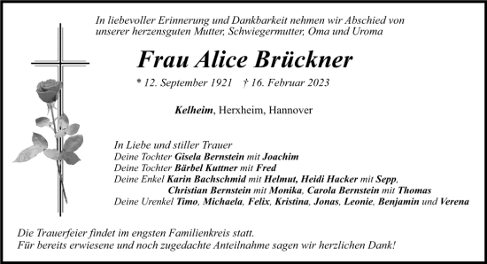 Traueranzeige von Alice Brückner von Mittelbayerische Zeitung Kelheim