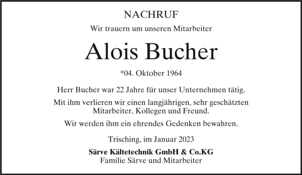  Traueranzeige für Alois Bucher vom 01.02.2023 aus Bayerwald Echo