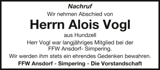 Traueranzeige von Alois Vogl von Bayerwald Echo