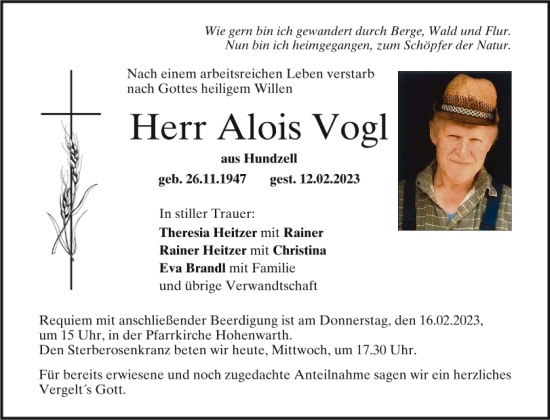 Traueranzeige von Alois Vogl von Bayerwald Echo