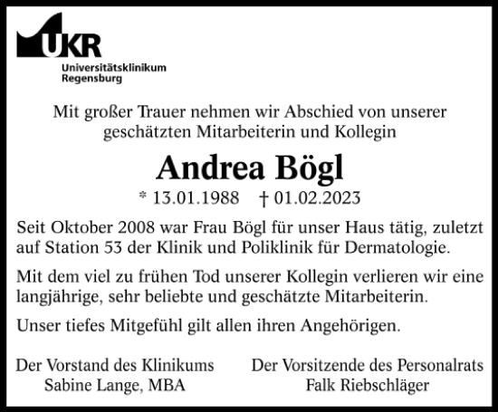 Traueranzeige von Andrea Bögl von Mittelbayerische Zeitung Gesamtausgabe