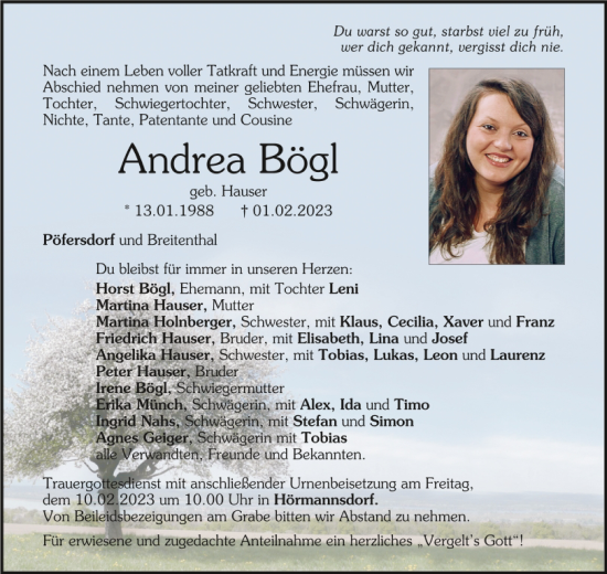 Traueranzeige von Andrea Bögl von Neumarkter Tagblatt