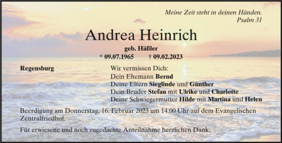 Traueranzeige von Andrea Heinrich von Mittelbayerische Zeitung Regensburg