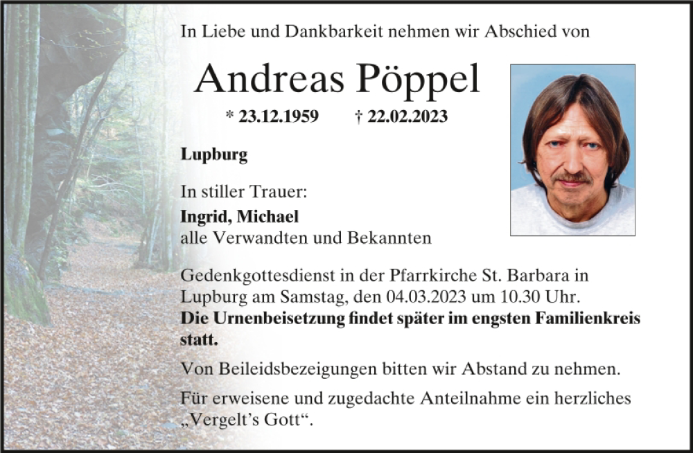  Traueranzeige für Andreas Pöppel vom 01.03.2023 aus Neumarkter Tagblatt