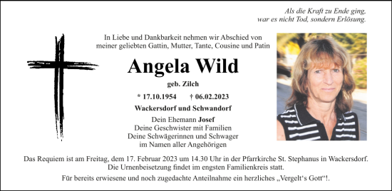Traueranzeige von Angela Wild von Mittelbayerische Zeitung Schwandorf