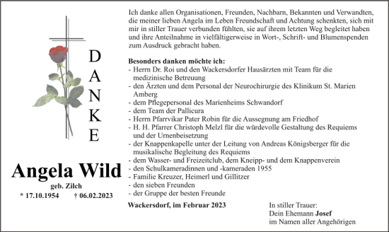 Traueranzeige von Angela Wild von Mittelbayerische Zeitung Schwandorf