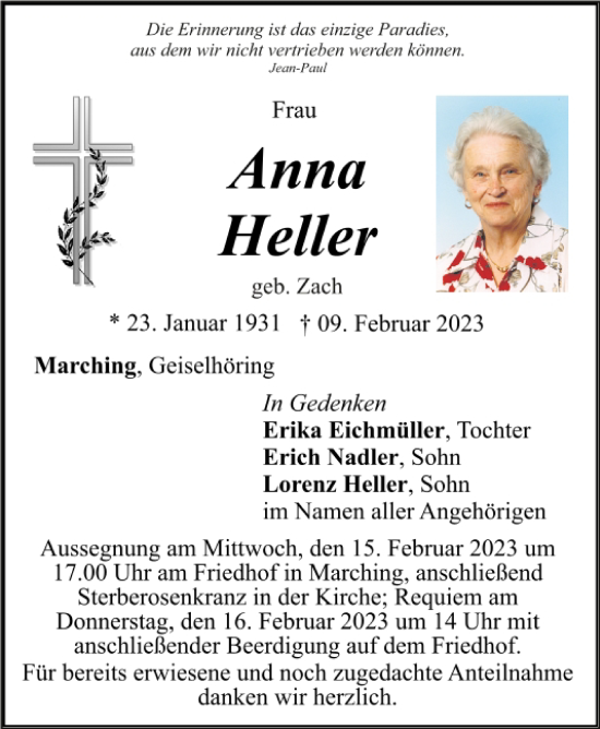 Traueranzeige von Anna Heller von Mittelbayerische Zeitung Kelheim