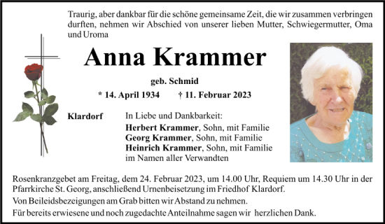 Traueranzeige von Anna Krammer von Mittelbayerische Zeitung Schwandorf