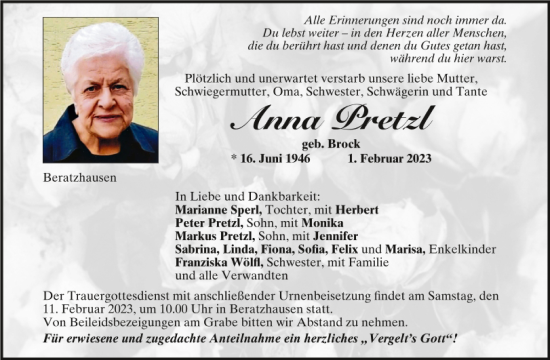 Traueranzeige von Anna Pretzl von Mittelbayerische Zeitung Regensburg
