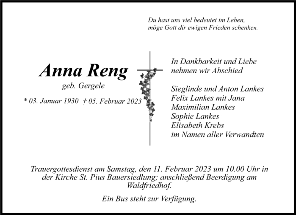  Traueranzeige für Anna Reng vom 08.02.2023 aus Mittelbayerische Zeitung Kelheim