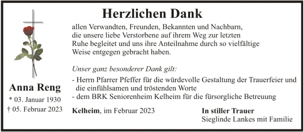  Traueranzeige für Anna Reng vom 18.02.2023 aus Mittelbayerische Zeitung Kelheim