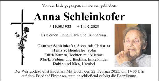 Traueranzeige von Anna Schleinkofer von Mittelbayerische Zeitung Schwandorf