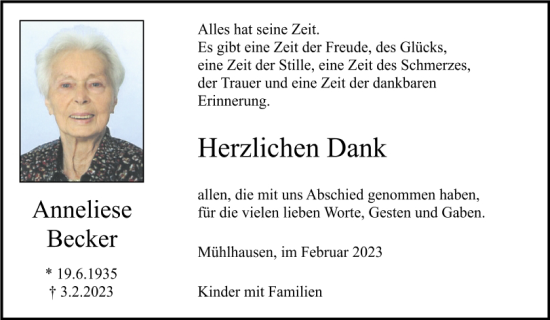 Traueranzeige von Anneliese Becker von Neumarkter Tagblatt