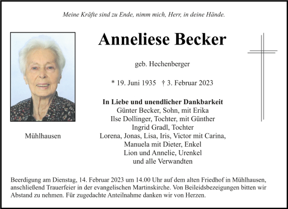  Traueranzeige für Anneliese Becker vom 11.02.2023 aus Neumarkter Tagblatt