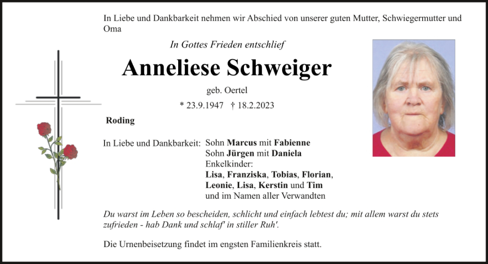  Traueranzeige für Anneliese Schweiger vom 22.02.2023 aus Bayerwald Echo
