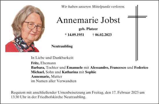 Traueranzeige von Annemarie Jobst von Mittelbayerische Zeitung Regensburg