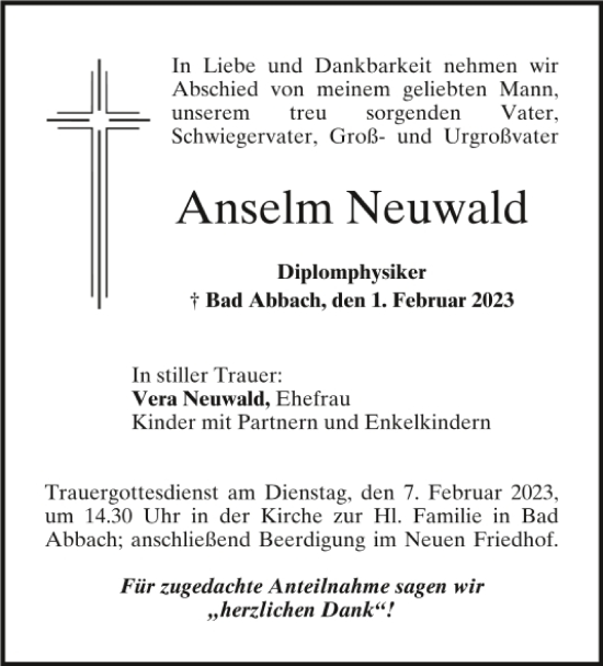 Traueranzeige von Anselm Neuwald von Mittelbayerische Zeitung Regensburg