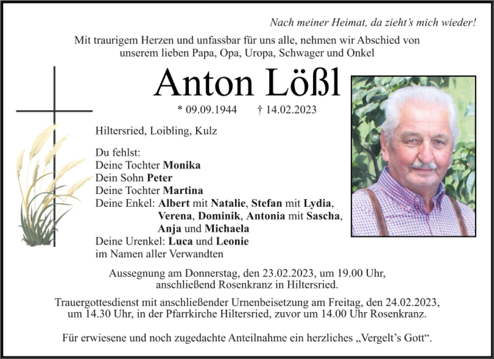  Traueranzeige für Anton Lößl vom 22.02.2023 aus Bayerwald Echo