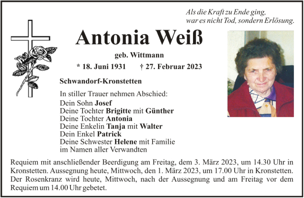  Traueranzeige für Antonia Weiß vom 01.03.2023 aus Mittelbayerische Zeitung Schwandorf