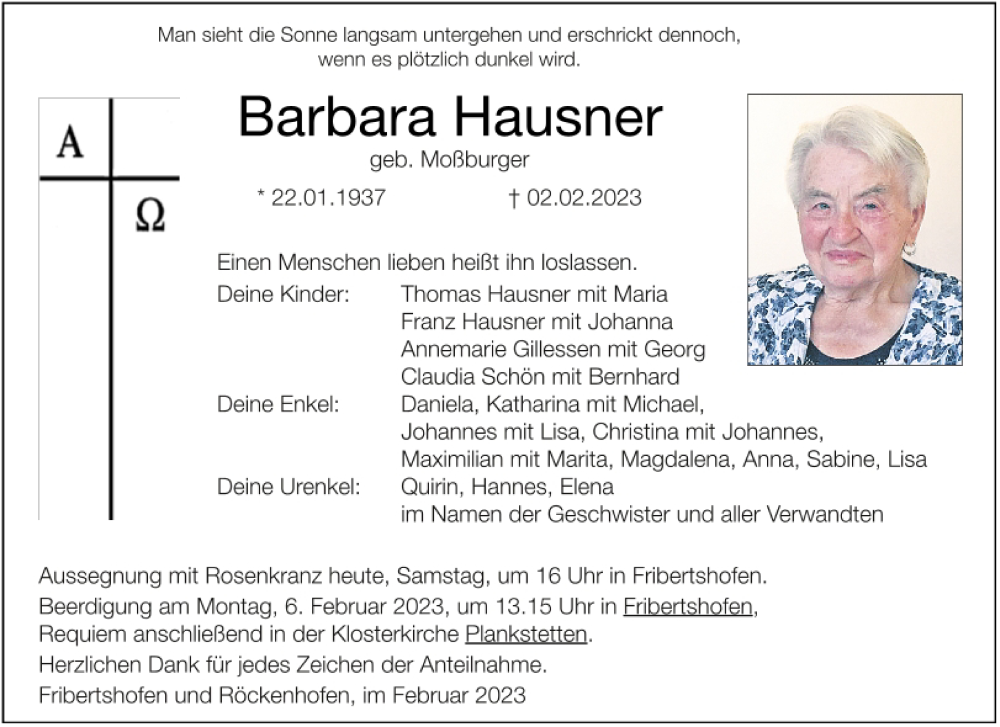  Traueranzeige für Barbara Hausner vom 04.02.2023 aus Neumarkter Tagblatt