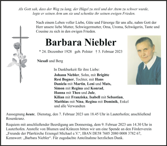 Traueranzeige von Barbara Niebler von Neumarkter Tagblatt
