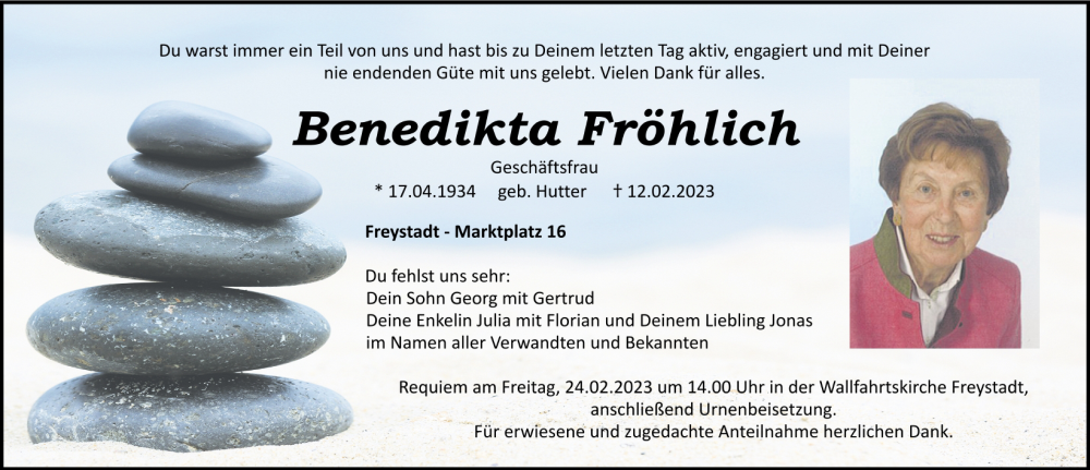  Traueranzeige für Benedikta Fröhlich vom 18.02.2023 aus Neumarkter Tagblatt