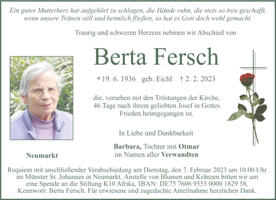 Traueranzeige von Berta Fersch von Neumarkter Tagblatt