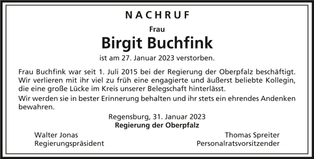  Traueranzeige für Birgit Buchfink vom 04.02.2023 aus Mittelbayerische Zeitung Regensburg