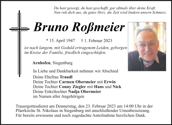 Traueranzeige von Bruno Roßmeier von Mittelbayerische Zeitung Kelheim