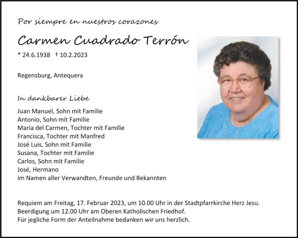  Traueranzeige für Carmen Cuadrado Terron vom 15.02.2023 aus Mittelbayerische Zeitung Kelheim