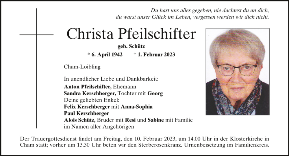  Traueranzeige für Christa Pfeilschifter vom 04.02.2023 aus Bayerwald Echo