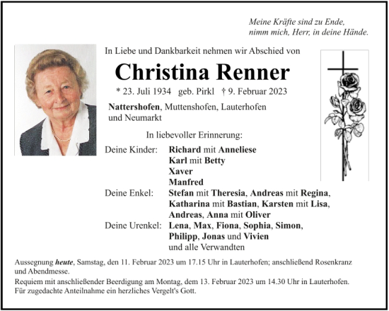Traueranzeige von Christina Renner von Neumarkter Tagblatt
