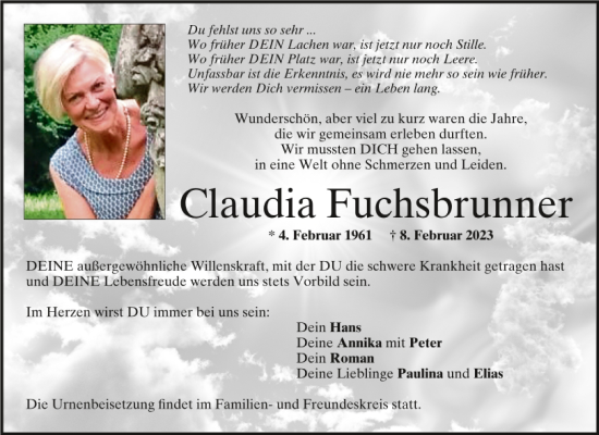Traueranzeige von Claudia Fuchsbrunner von Mittelbayerische Zeitung Kelheim