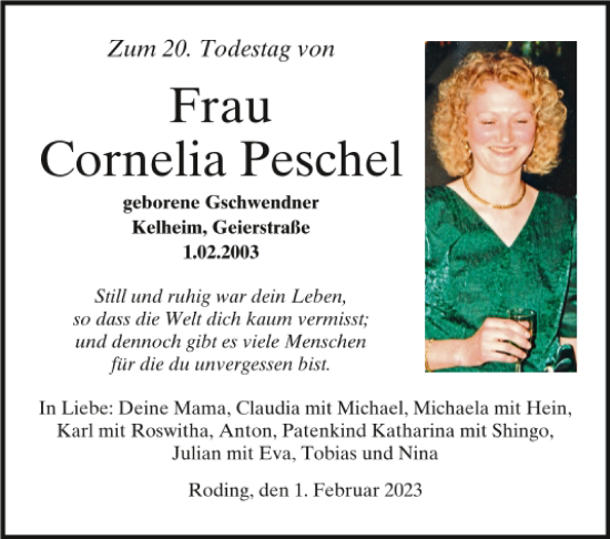 Traueranzeige von Cornelia Peschel von Mittelbayerische Zeitung Kelheim