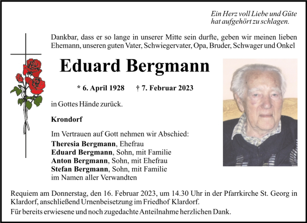  Traueranzeige für Eduard Bergmann vom 13.02.2023 aus Mittelbayerische Zeitung Schwandorf