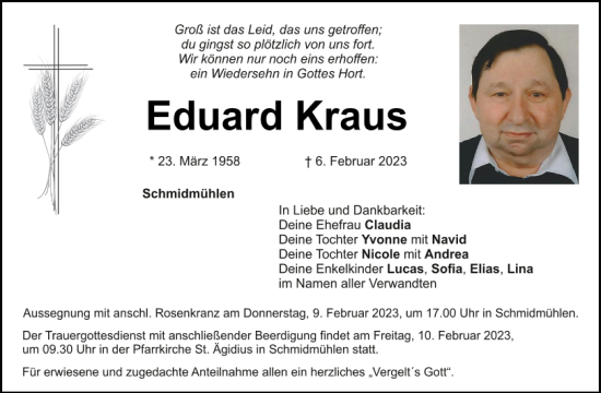 Traueranzeige von Eduard Kraus von Mittelbayerische Zeitung Schwandorf