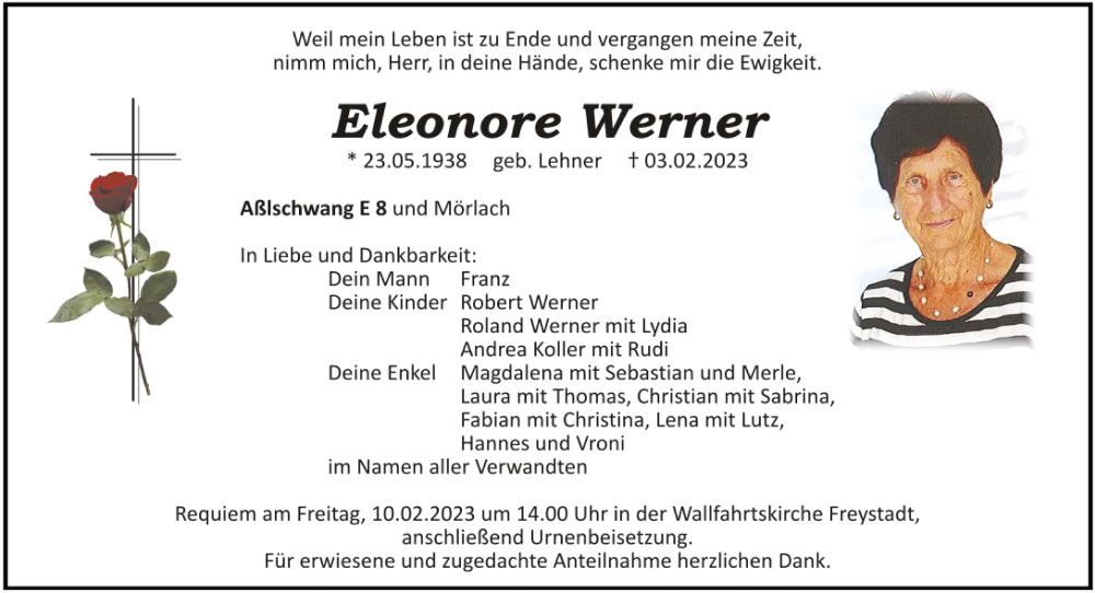  Traueranzeige für Eleonore Werner vom 08.02.2023 aus Neumarkter Tagblatt