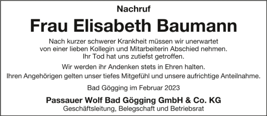 Traueranzeige von Elisabeth Baumann von Mittelbayerische Zeitung Kelheim
