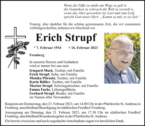 Traueranzeige von Erich Strupf von Mittelbayerische Zeitung Schwandorf