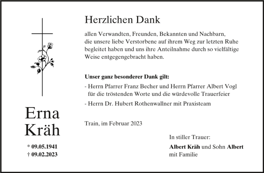  Traueranzeige für Erna Kräh vom 22.02.2023 aus Mittelbayerische Zeitung Kelheim