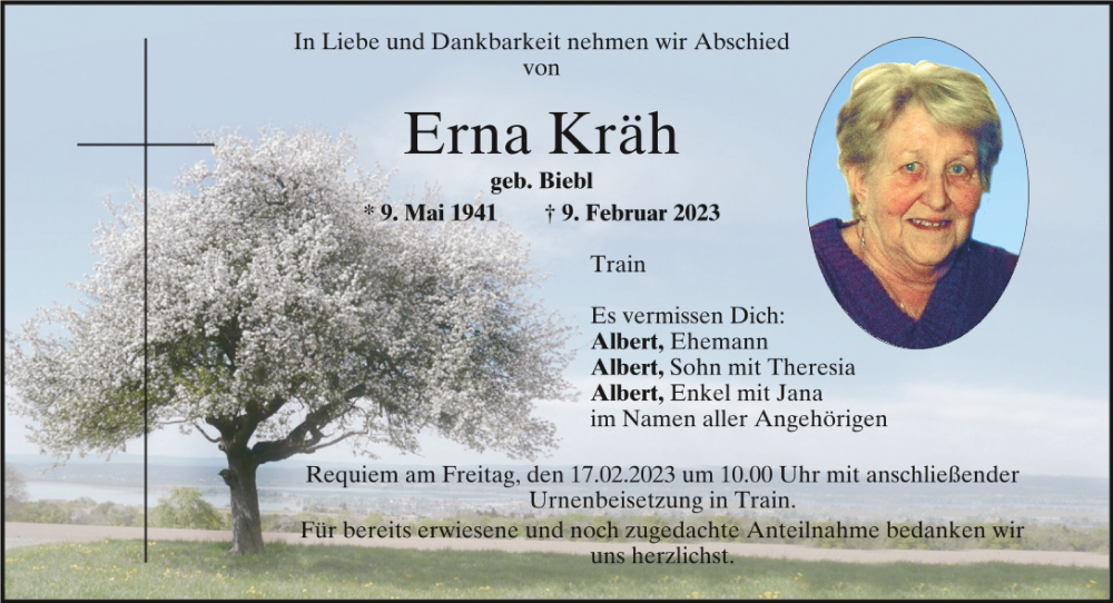  Traueranzeige für Erna Kräh vom 15.02.2023 aus Mittelbayerische Zeitung Kelheim