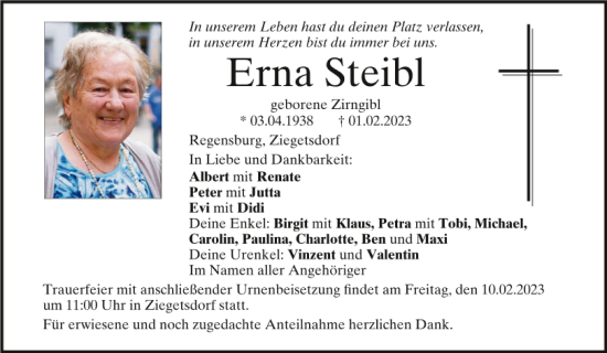 Traueranzeige von Erna Steibl von Mittelbayerische Zeitung Regensburg